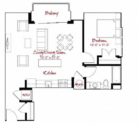 Floor plan for 1 bed, 1 bath, 800 sqft